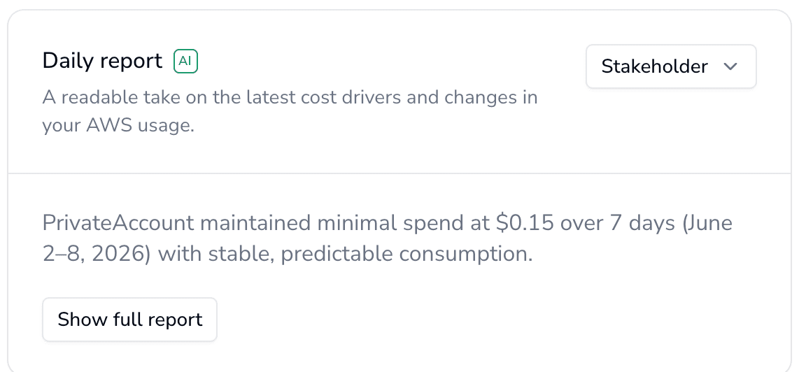 Cost Clarity overview dashboard with daily cost narrative.