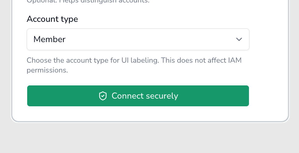 AWS connection setup showing least-privilege security context.